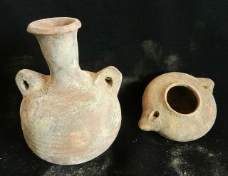 Biblical Ancient Holy Land Roman Clay Pottery Pitcher Jug & Oil Lamp Terracotta
