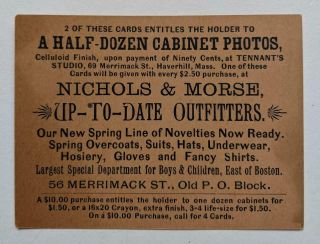 C1890 Trade Card,  Photographer Tennant S Studio,  Nichols & Morse Of Haverhill Ma