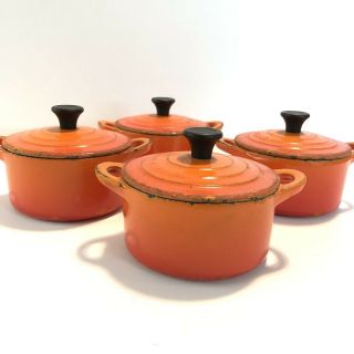 Vintage Le Creuset Cast Iron Cocottes Orange Flame Set Of 4