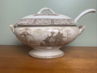 Vintage Brown Transferware Soup Tureen With Ladle