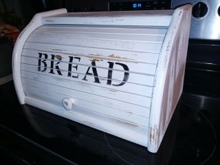 Vintage Roll Top Bread Box Wooden Painted Country Farmhouse White Distressed