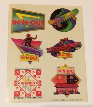Actual Vintage 1993 In - N - Out Burger Stickers Surfing Skateboarding 45 Years Rare