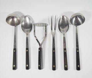6 Pc.  Vintage Flint Arrowhead Black Handle Cooking Utensils Spoon Potato Masher