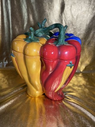 Vintage 12” Jalapeño Peppers Cookie Jar Pottery Glass Red Blue Yellow Large