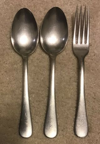 Vintage Reed & Barton Us Navy Stainless Steel 2 Spoon 1 Fork Usn Mess Hall
