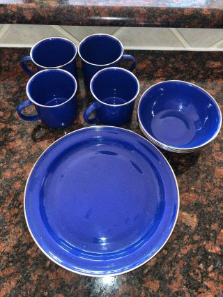 Enamel Ware Blue White Speckled Metal Camping Dishes 4 Mugs 4 Plates 4 Bowls