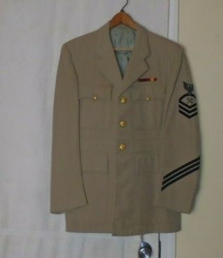Vintage Military Us Navy Khaki Tropical Officer Uniform Dress Jacket Coat Sz 38