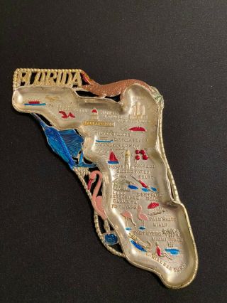 Vintage Florida Map Souvenir Metal Trinket Tray Marked Japan 6 " Long