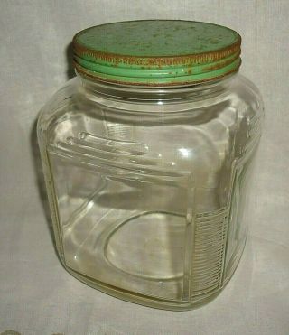 Vtg Hoosier Cabinet Glass Jar W/ Lid Square Cannister Ribbed Corners Cookie Jar