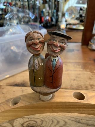 Vintage Anri Carved Wood Bottle Cork Stopper Couple Heads Pop Up