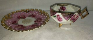 Vintage Lm Royal Halsey Very Fine Roses - Geometric Tea Cup & Saucer - Gold Trim