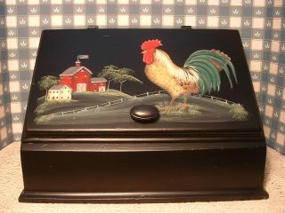 Vintage Solid Pine Bread Box Rooster & Country Farms Folk Art Hand Painted
