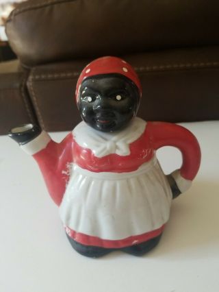 Vintage Red Black And White Salt Syrup Or Tea Pouring Pot.  Smiling Lady