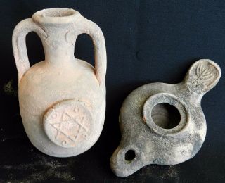 Set Ancient Holyland Roman Jug Pitcher Oil Lamp Terracotta Pottery Clay Menorah