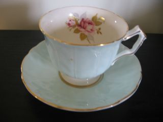 Aynsley Leaf Textured Light Blue Pink Rose Tea Cup And Saucer