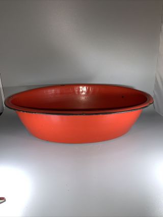 Vintage Enamel Granite Ware Baby Bath Wash Pan Red With Black Stripe 17 1/2 X 13