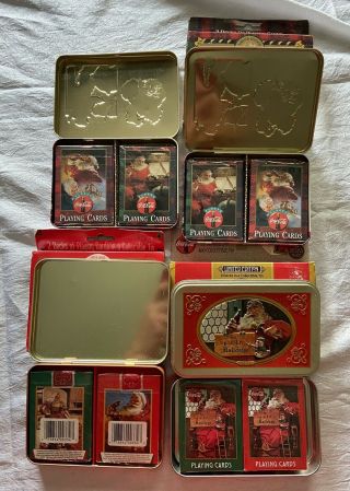 4 Two Pack Coca Cola Playing Cards Tins Santa 1995 1997 1998 Pop Soda