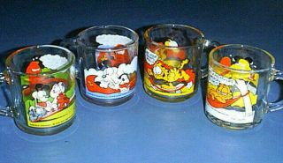 Vintage 1978 Jim Davis Comics Garfield & Odie Mcdonalds Glass Cups Mugs Set Of 4