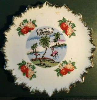 Vintage Florida Souvenir Plate,  7 1/4 ",  Glazed With Decals,  Gold Trim,  Japan
