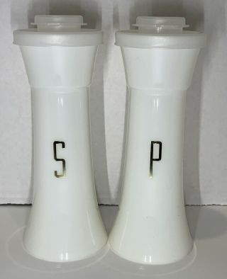 Vintage Tupperware Salt Pepper Shakers Hourglass 6 " White W/ Gold Letters 718