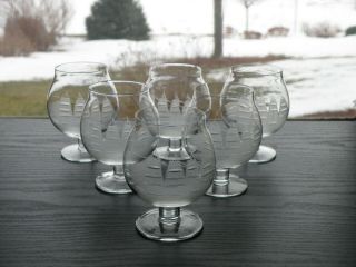 6 Toscany Sailing Clipper Ship Etched Cognac Brandy Snifter Nosing Style Glasses