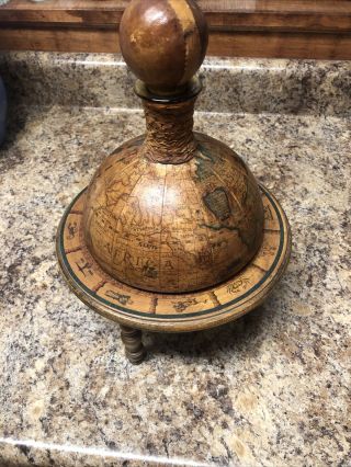 Vtg Italian Leather Wrapped Decanter Wine Bottle World Map Old Globe With Stand