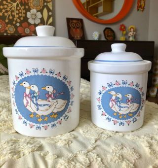 Vintage 80s Ribbon Geese Canisters Treasure Craft Set Of 2 With Lids