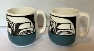 Set Of 2 Ute Mountain Pottery Coffee Mug Ceramic 20oz Blue Signed Padilla