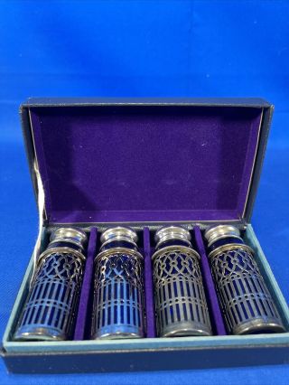Cobalt Blue Glass Salt & Pepper Shakers Set Of 4 Silver Tone Wrapped W/box