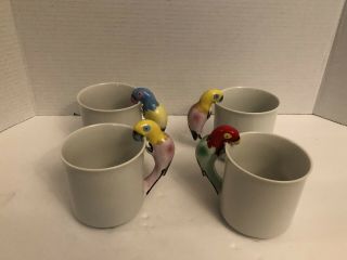 4 Vintage White Coffee Mug With Hand Painted Parrot Bird Handle 8oz Hot Tea Cup