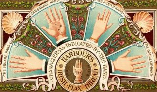 C1893 Barbours Irish Flax Thread Character Hands Palmistry Fan Shells Trade Card
