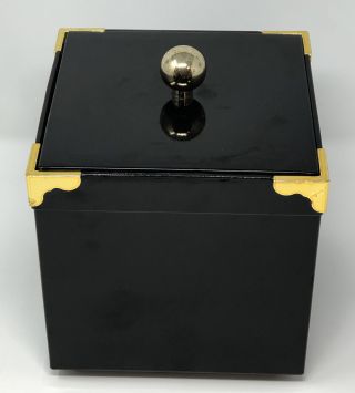 Vtg Georges Briard Mid - Century Ice Bucket Shiny Black Square Vinyl Brass Knob Al