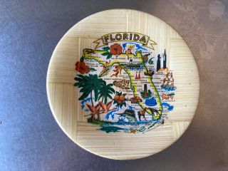 Vintage Florida Map Souvenir Small Bamboo Plate Decor 4 "