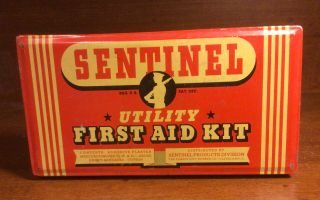 Vintage Sentinel Empty Utility Tin First Aid Kit 6 1/4” X 3 1/4”