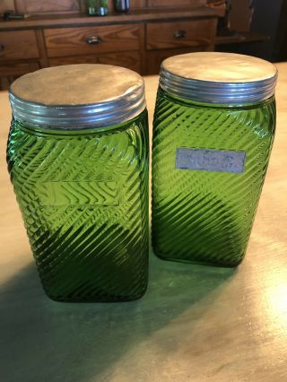2 Vtg Green Ribbed Glass Hoosier Canister Jars With Lids Owens Illinois Glass Co