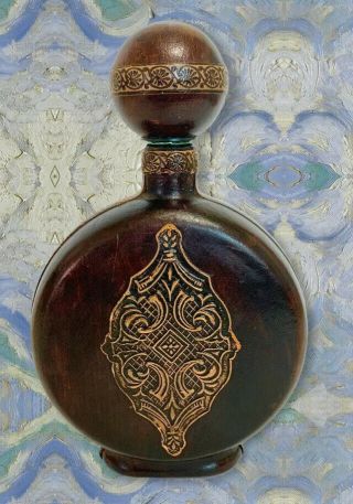Vintage Tooled Leather Wine Decanter Made In Italy Embossed Liquor Bottle