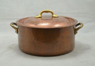 Vintage Copper Pot 2 Brass Handles 8”x 4”,  With Lid Stamped Made In France