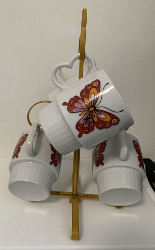 Vintage Metal Coffee Mug Cup Tree Holder Stand Retro Butterfly 4 Cups Japan Mcm