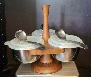 Vintage Teak Wooden Lazy Susan Condiment Server 3 Metal Bowls W/ Spoons Lids