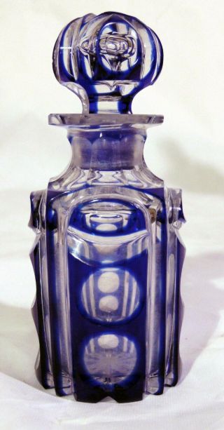 19th C Bohemian Czech Cobalt Blue Cut Glass Crystal Perfume Scent Bottle