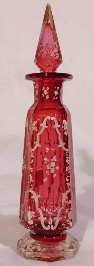 19th C Bohemian Czech Enamel Cranberry Cut Glass Crystal Perfume Scent Bottle