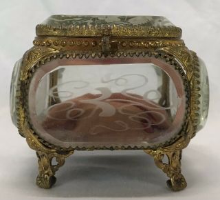 Antique Victorian Brass Beveled & Etched Glass Casket Trinket Jewelry Box Holder
