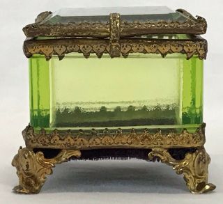 Antique Victorian Brass & Beveled Green Glass Casket Trinket Jewelry Box Holder