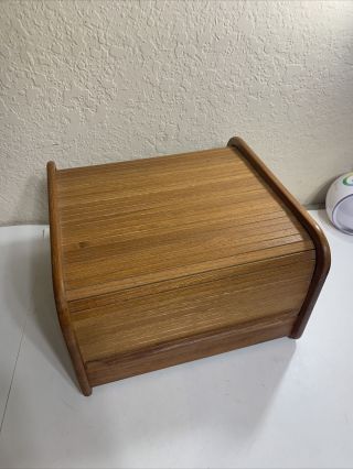Vintage Ein Teak Wood Roll Top Organizer Storage Recipe Box W/ Divider