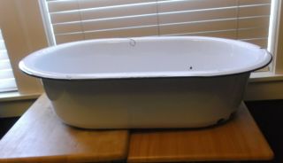 Vintage Enamelware Oval Baby Bath Wash Basin White W/black Edge - 28 X 18 Décor
