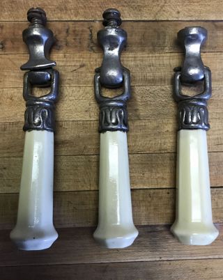 Set Of 3 Antique Porcelain Wood Stove Handles Cream Pulls Parts Vintage Rare