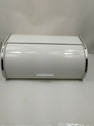 Mid Century Modern Brabantia Metal And Chrome Roll Top Bread Box Retro White
