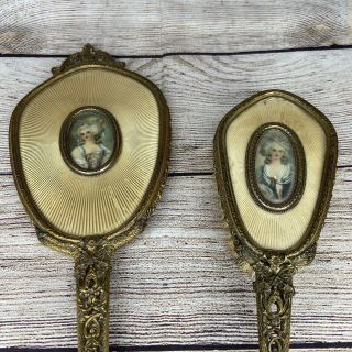 Antique Portrait Hand Mirror Brush Vanity Set Signed Apollo Victorian 1920s Vtg
