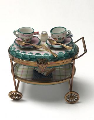 Limoges France Peint Main Porcelain Tea Cart Server W/cups & Saucers Trinket Box