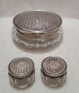 Antique Cut Crystal Dresser Jar With Alvin Sterling Silver Lid,  2 Small Jars